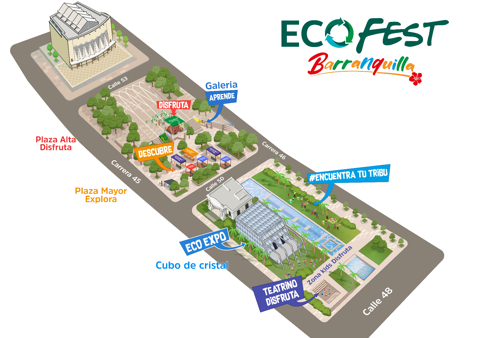 Mapa ilustrado de EcoFest Barranquilla en la Plaza de la Paz mostrando las zonas Disfruta, Aprende, Descubre, Explora, EcoExpo, Zona Kids y Encuentra tu Tribu.